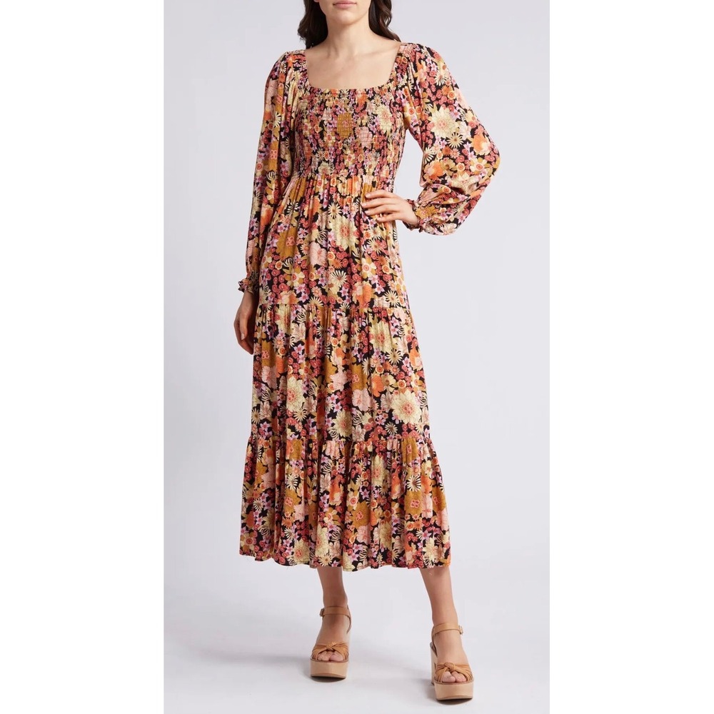 Rip Curl Floral Smocked Midi Dress | Boho Long Sleeve | 100% Viscose | Sz Medium